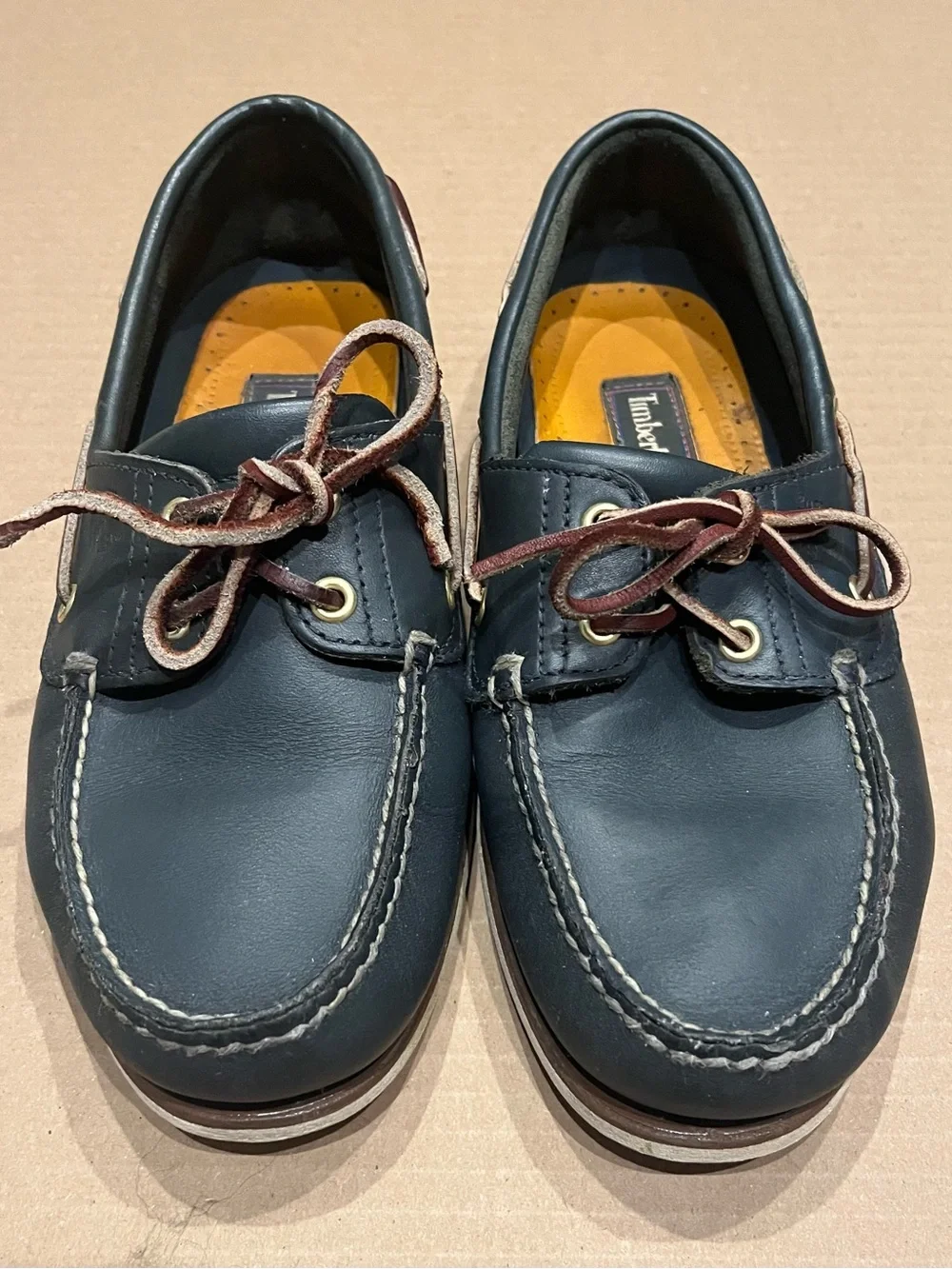 Timberland Men’s Navy Leather Boat Shoes with Brown Laces